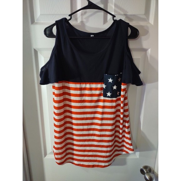 Unbranded Top Red White And Blue Stars And Stripes Cold Shoulder Size M - Picture 1 of 7